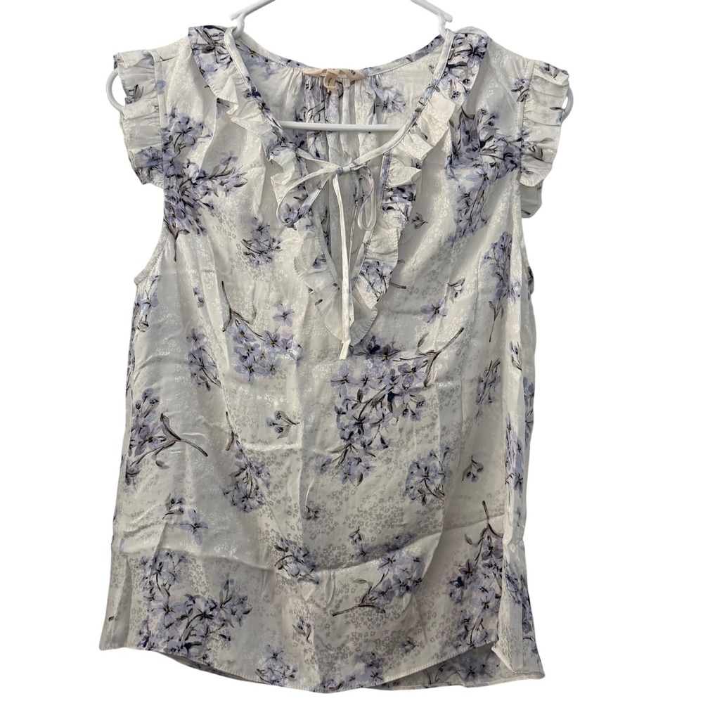 Rebecca Taylor 100% Silk Floral Jacquard Ruffle Tie Neck Blouse White Blue 2